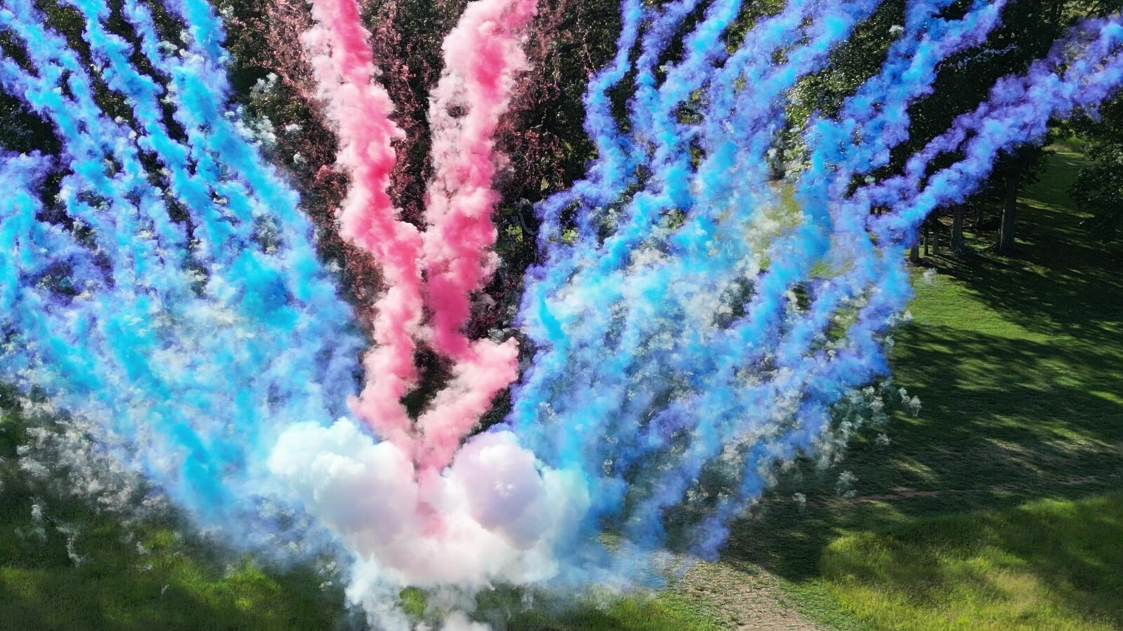 Daytime fireworks producing vivid colored smoke plumes at a Signature Sparks display